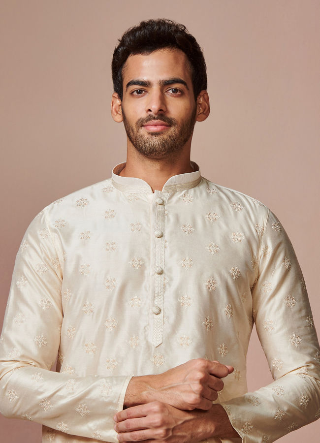 Manyawar Cream Self-Motifs Kurta - India shopping