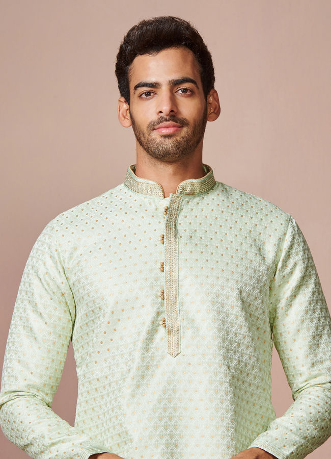 Manyawar Mint Green Golden Motif Kurta Pajama - India shopping