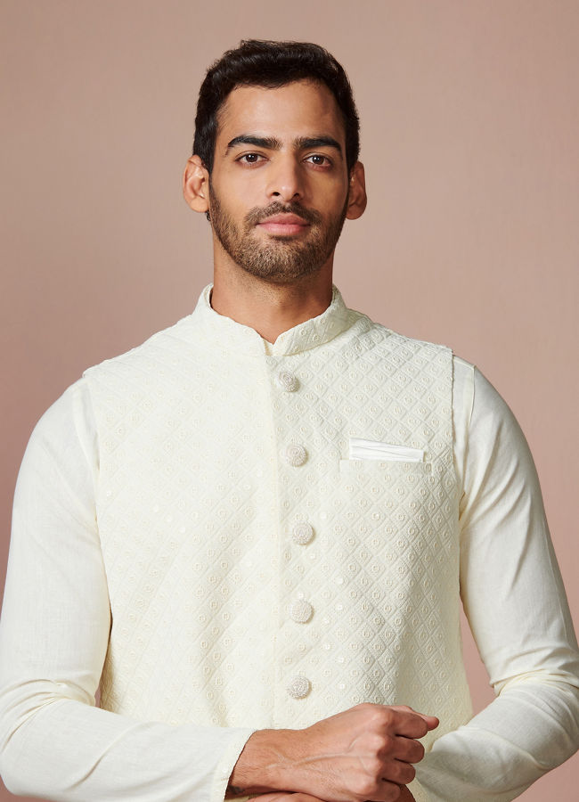 Manyawar Sesame White Self Design Kurta Jacket Set - India shopping