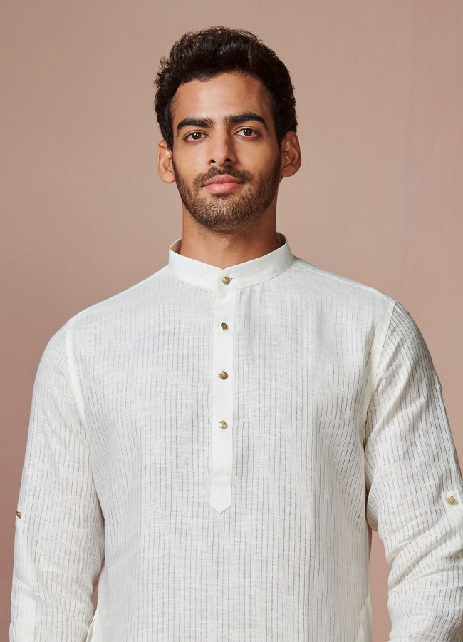 Manyawar Off White Self Striped Kurta - India shopping
