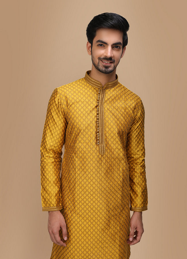 Manyawar Molten Gold Yellow Jacquard Kurta Set - India shopping
