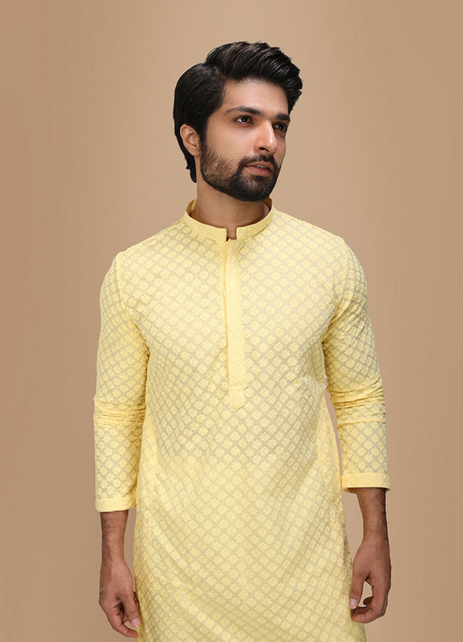 Manyawar Light Yellow Chikankari Kurta Set - India shopping