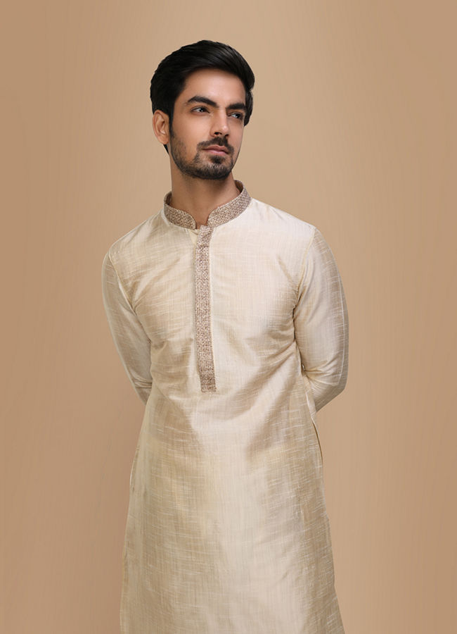 Manyawar Pista Plain Kurta Set With Contrast Collar And Placket - India shopping