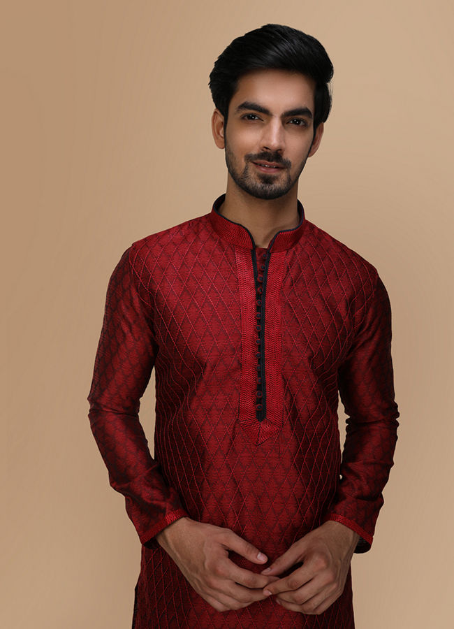 Manyawar Maroon Embroidered Jacquard Kurta Set - India shopping