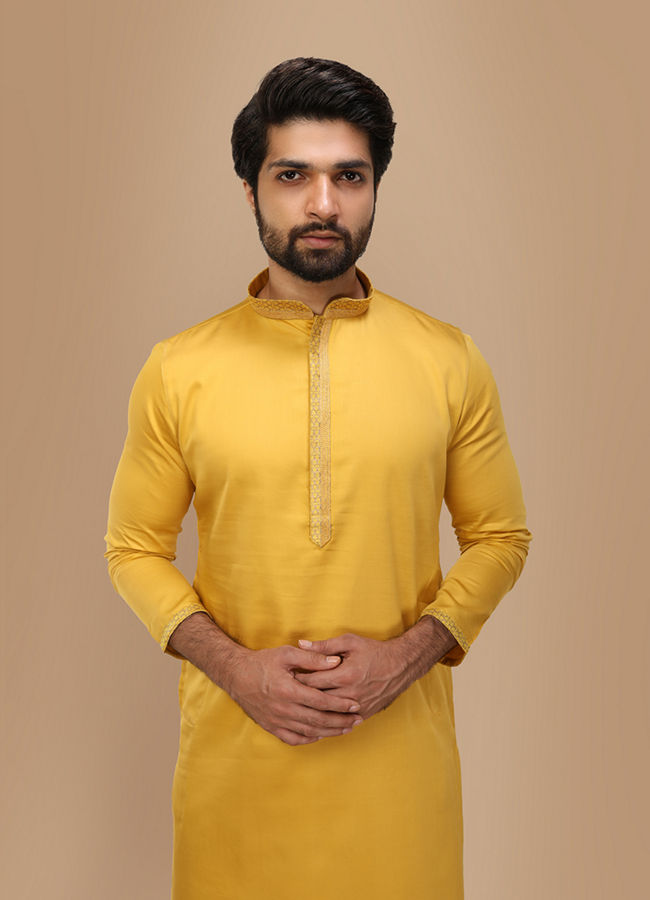 Manyawar Mustard Yellow Solid Kurta Set With Neck Detailing - India shopping