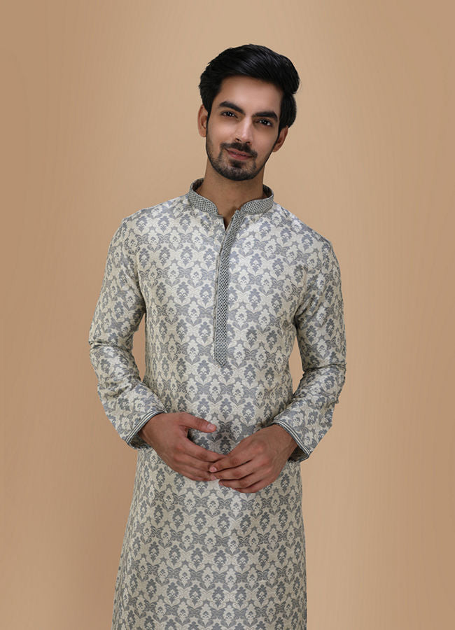 Manyawar Cloud Grey Jacquard Kurta Set - India shopping