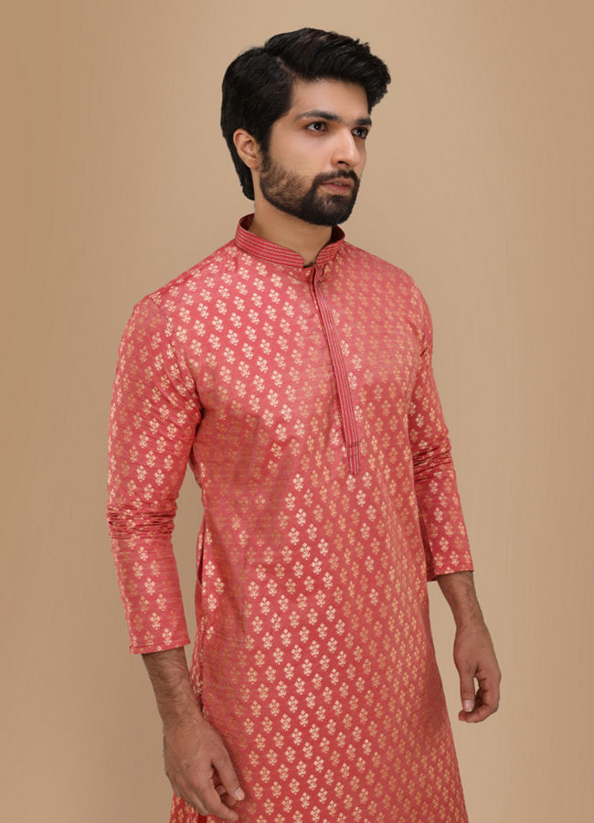 Manyawar Dark Peach Jacquard Kurta Set - India shopping