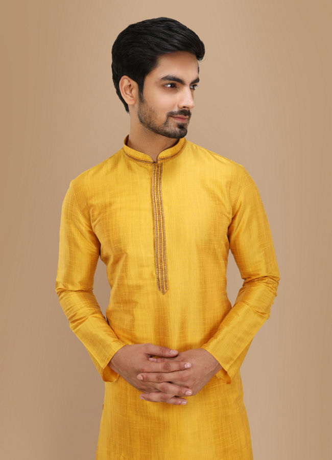 Manyawar Mustard Yellow Plain Kurta Set With Neck Detailing - India shopping
