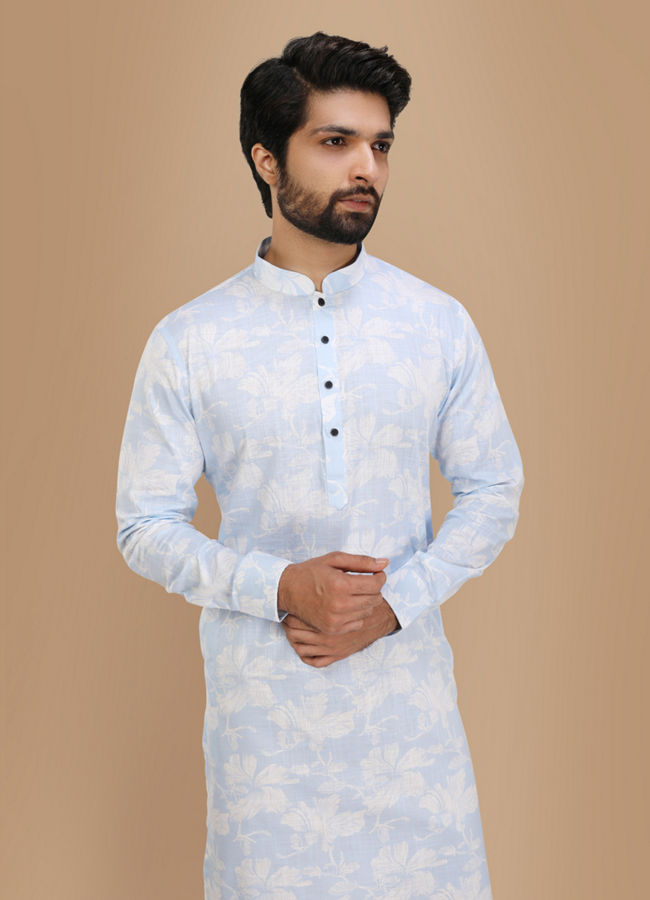 Manyawar Blue Floral Printed Kurta - India shopping