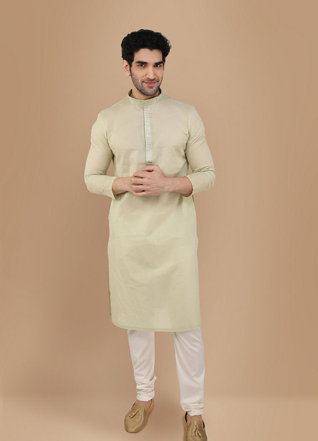 Manyawar Light Green Solid Kurta Set With Neck Detailing - India shopping