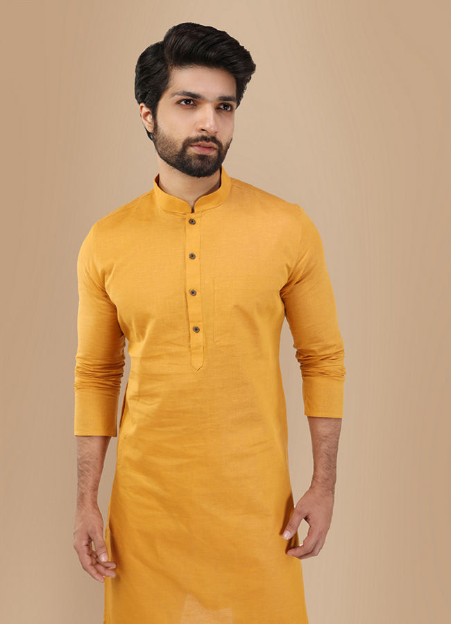 Manyawar Mustard Yellow Solid Kurta - India shopping