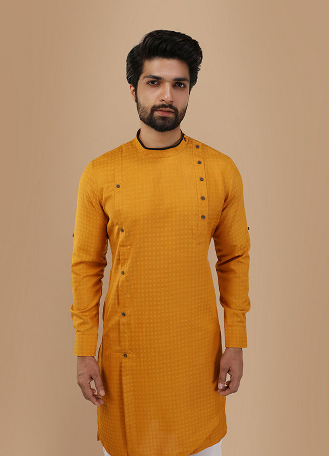 Manyawar Mustard Yellow Self Design Asymmetrical Kurta - India shopping