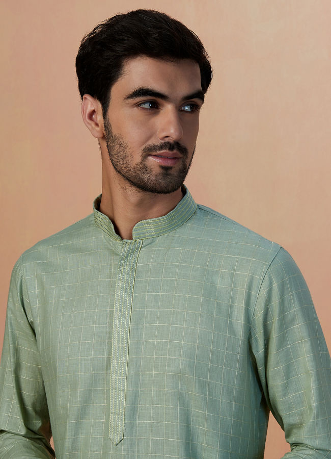 Manyawar Sage Green Self Checquered Kurta Pajama - India shopping