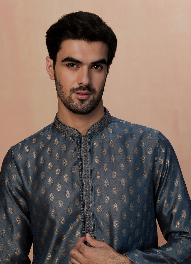 Manyawar Grey Kurta Pajama With Golden Motif - India shopping