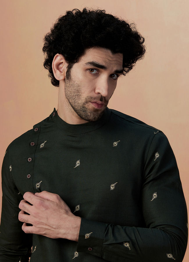 Manyawar Olive Green Embroidered Kurta - India shopping