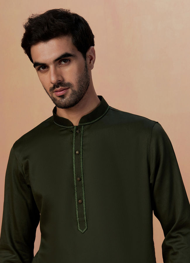 Manyawar Olive Green Plain Kurta Pajama - India shopping