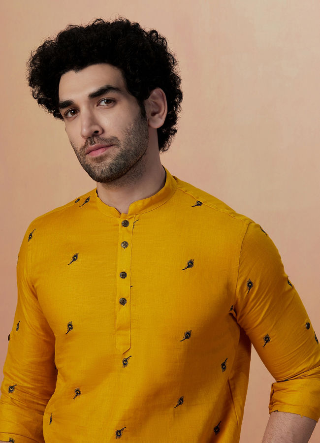 Manyawar Mustard Yellow Embroidered Short Kurta - India shopping