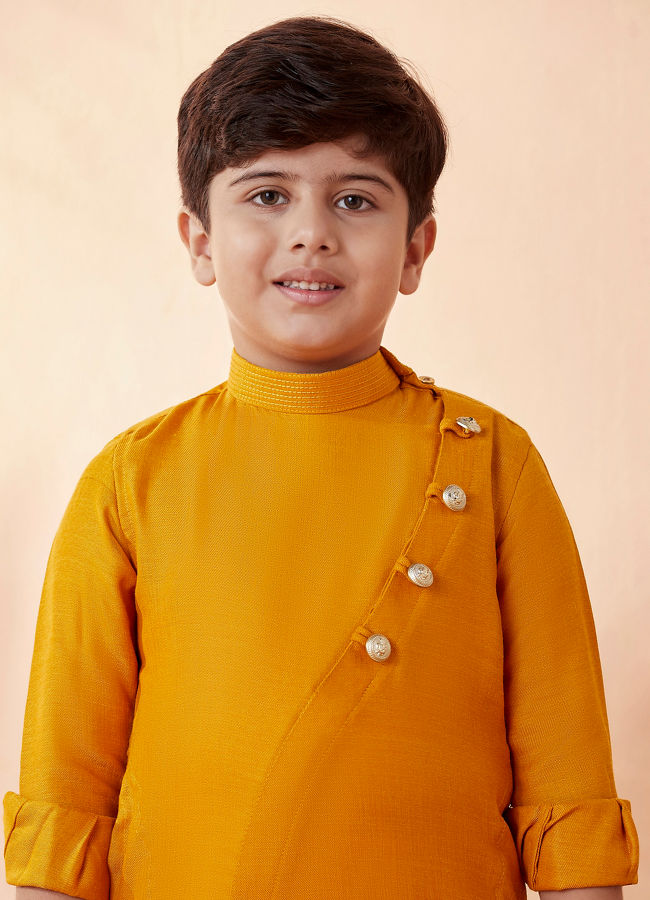 Manyavar Boys Mustard Orange Plain Kurta Set - India shopping