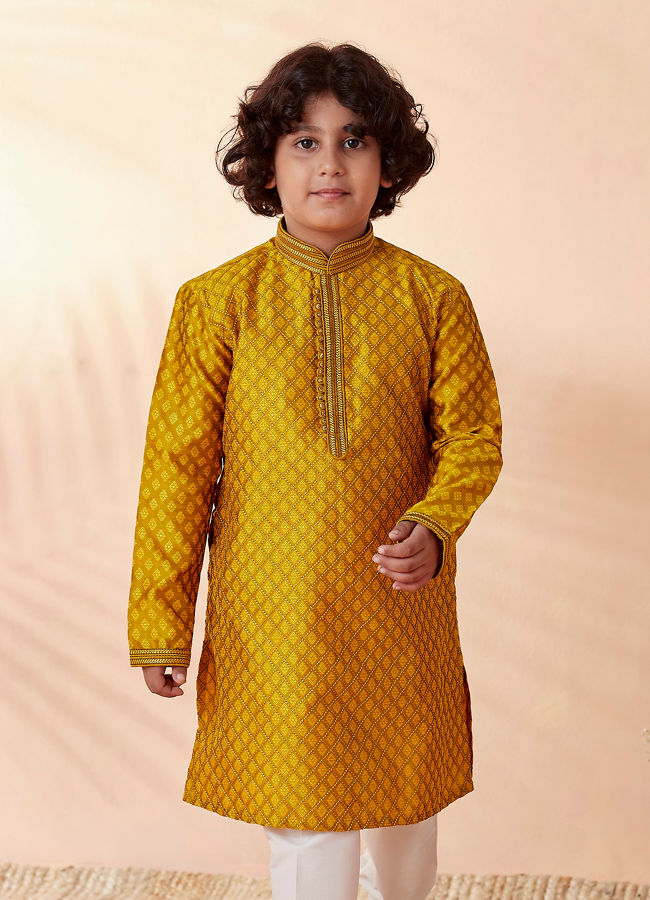 Manyavar Boys Gold Yellow Jacquard Kurta Set - India shopping