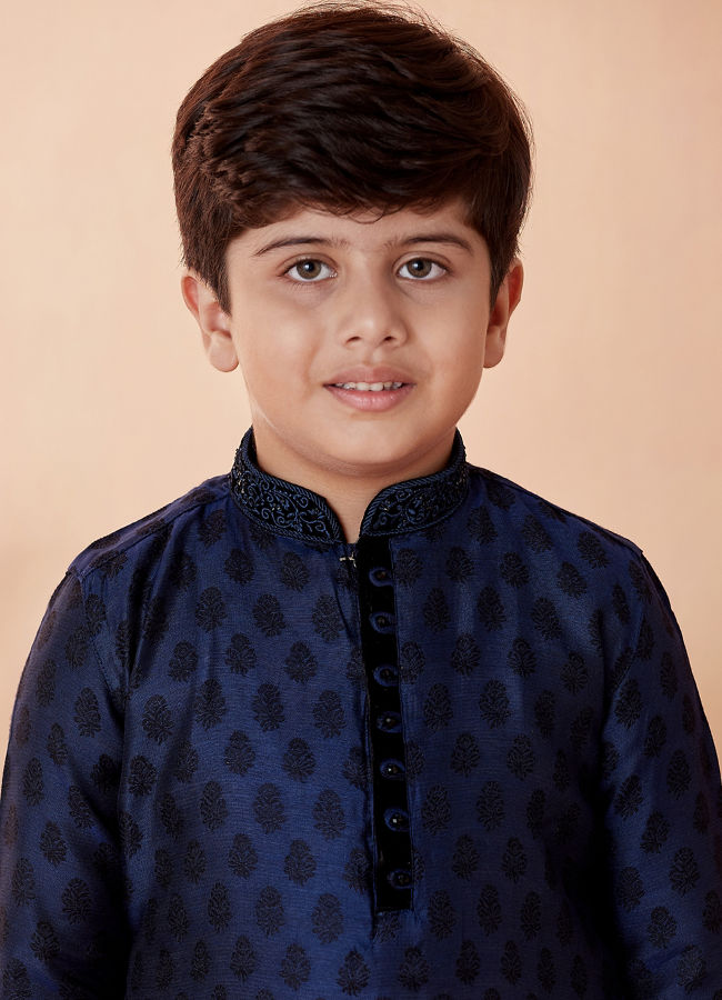 Manyavar Boys Navy Blue Motif Design Kurta Set - India shopping