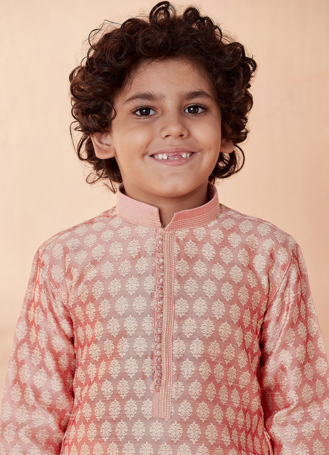 Manyavar Boys Salmon Pink Jacquard Kurta Set - India shopping