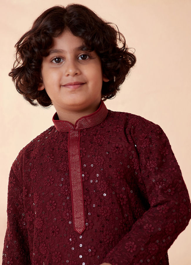 Manyavar Boys Wine Chikan Kurta Set - India shopping