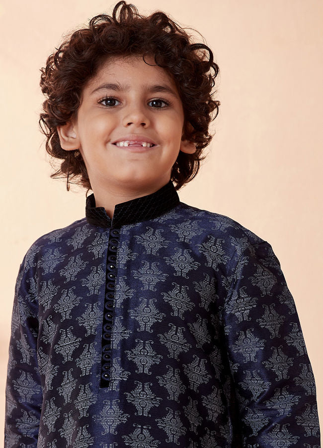 Manyavar Boys Navy Blue Printed Kurta Set - India shopping
