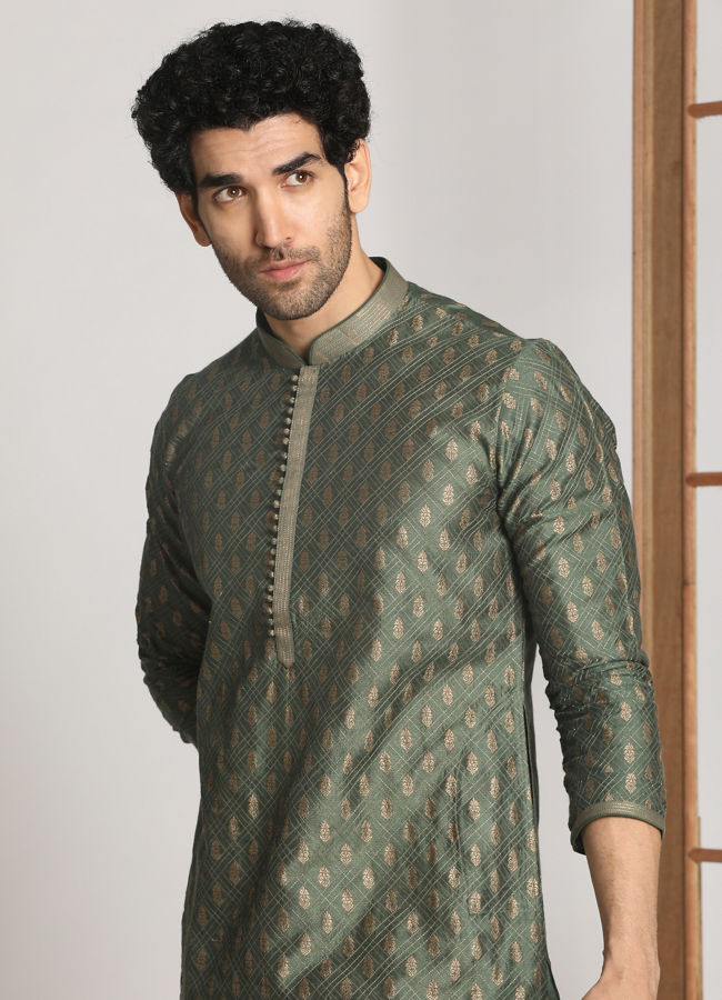 Manyawar Bottle Green Festive Kurta With Golden Motifs - India shopping