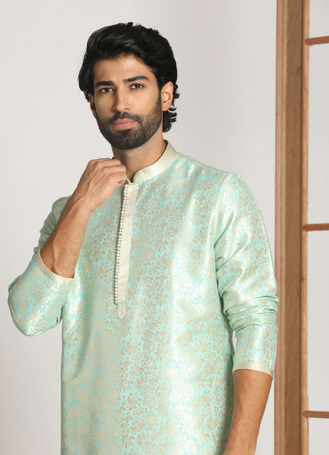 Manyawar Pale Blue Kurta Pajama With Floral Motifs - India shopping