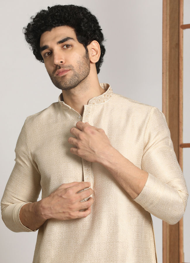 Manyawar Off White Festive Kurta With Printed Motifs - India shopping
