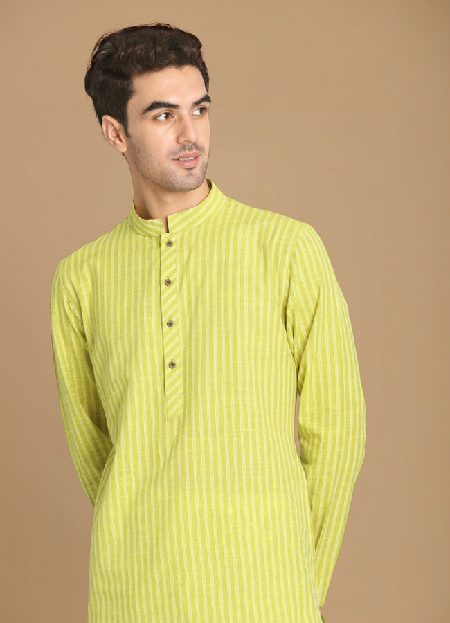 Manyawar Lime Green Self Striped Kurta - India shopping