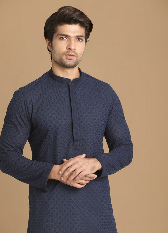 Manyawar Royal Blue Chikankari Kurta Set - India shopping