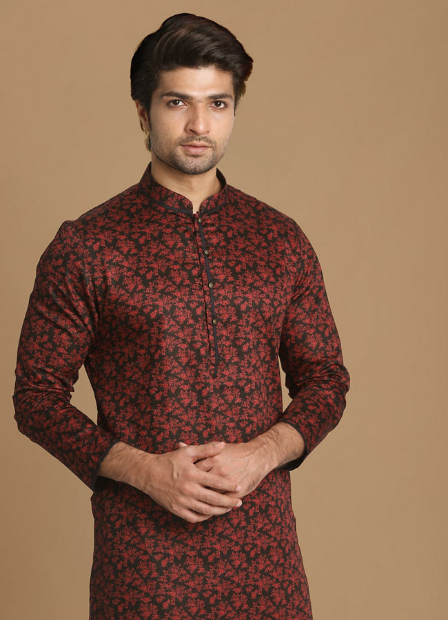 Manyawar Floral Kurta In Maroon & Black - India shopping