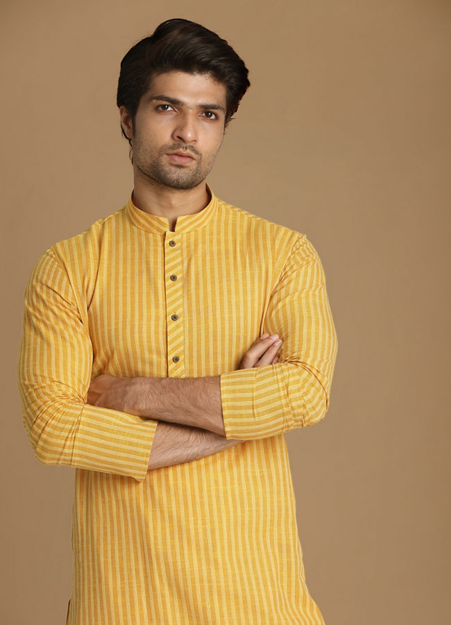 Manyawar Light Yellow Self Striped Kurta - India shopping
