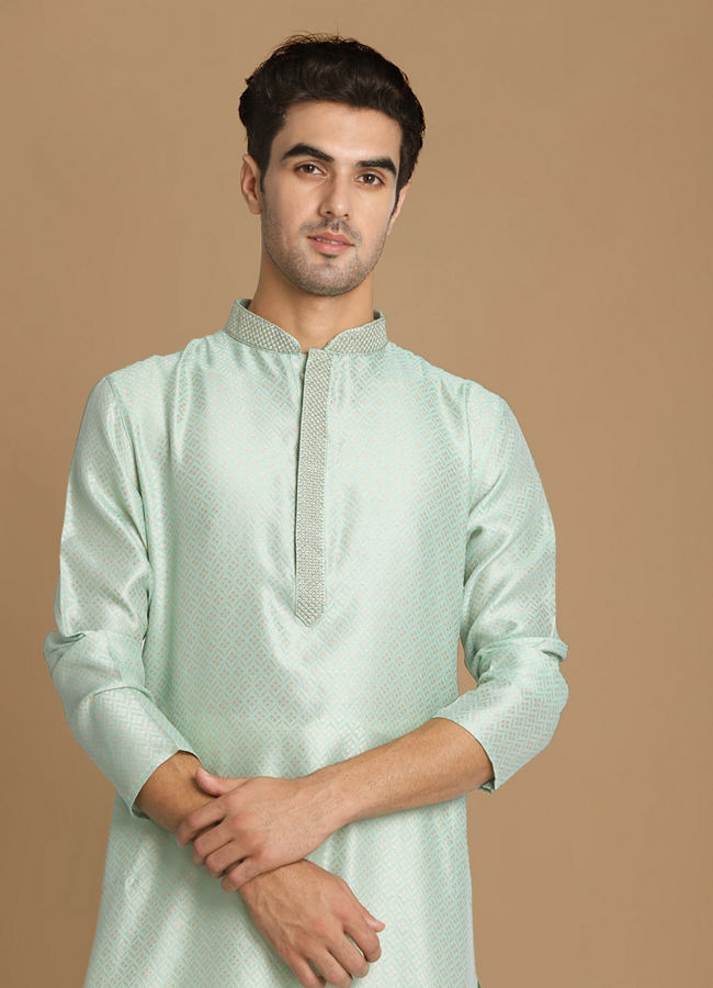 Manyawar Pastel Green Self Design Kurta Pajama - India shopping