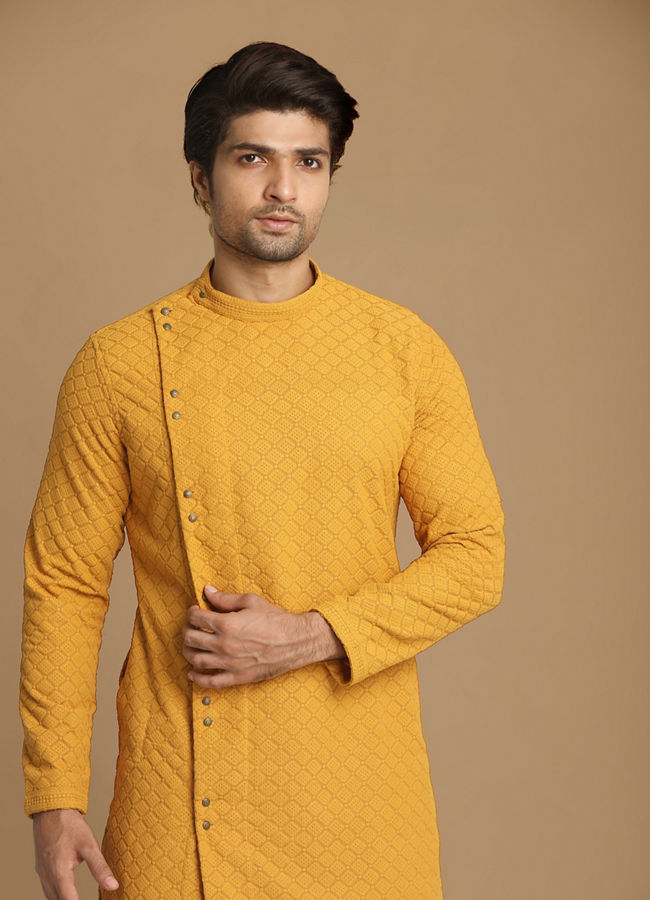 Manyawar Mustard Side Open Kurta With Chikankari Work - India shopping