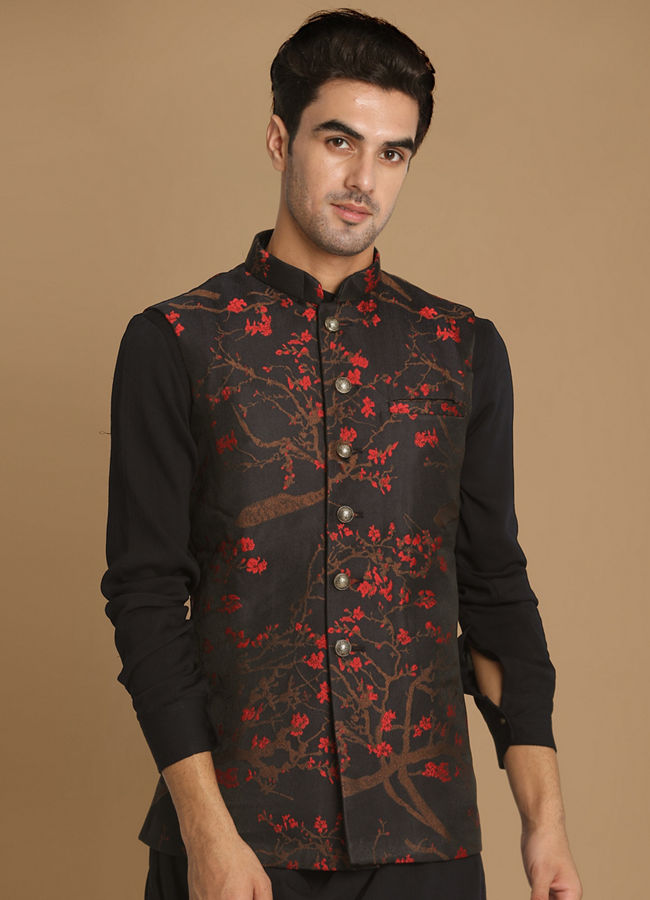 Manyawar Dark Blue Cherry Blossom Kurta Jacket - India shopping