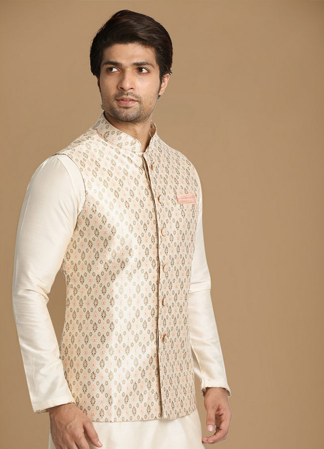 Manyawar Ivory Festive Kurta Jacket With Printed Motifs - India shopping