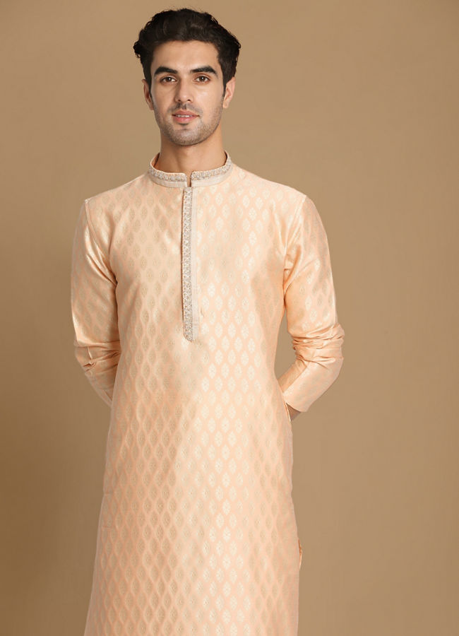Manyawar Light Peach Self Motif Kurta Set - India shopping