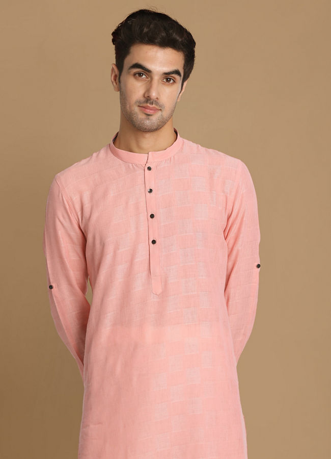 Manyawar Salmon Pink Self Chequered Kurta - India shopping