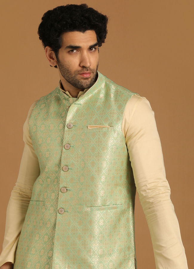 Manyawar Sea Green Celebration Wear Kurta Jacket With Golden Motifs - India shopping