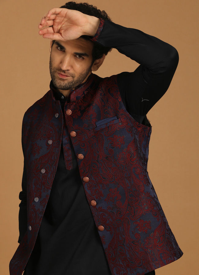 Manyawar Paisley Blue Kurta Jacket Set - India shopping