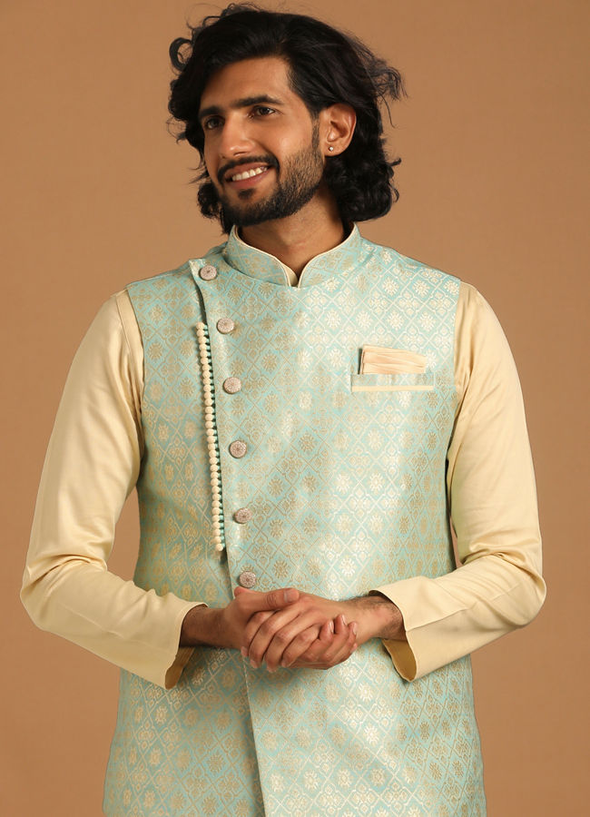 Manyawar Powder Blue And Beige Kurta Jacket Set - India shopping