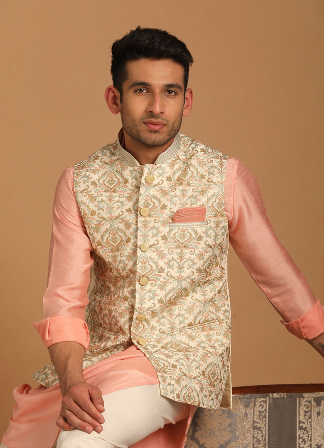 Manyawar Cream And Gajaree Kurta Jacket Set - India shopping