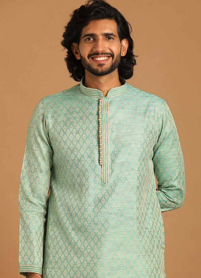 Manyawar Pastel Green Jacquard Kurta Set - India shopping