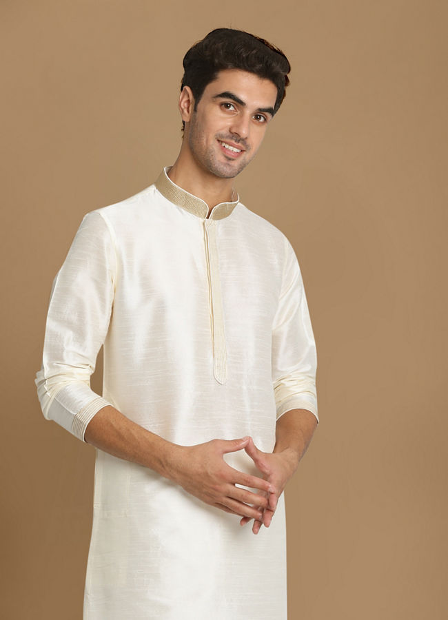 Manyawar Off White Plain Kurta Set - India shopping