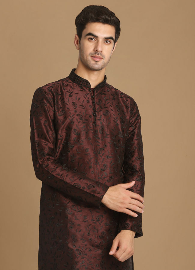 Manyawar Wine Self Floral Motif Kurta Set - India shopping