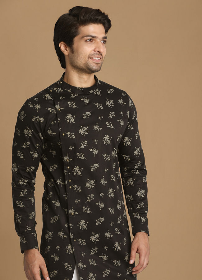 Manyawar Black Side Open Floral Print Kurta - India shopping