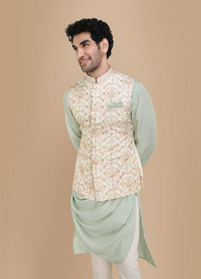 Manyawar Lavish Cream Kurta Jacket Set - India shopping