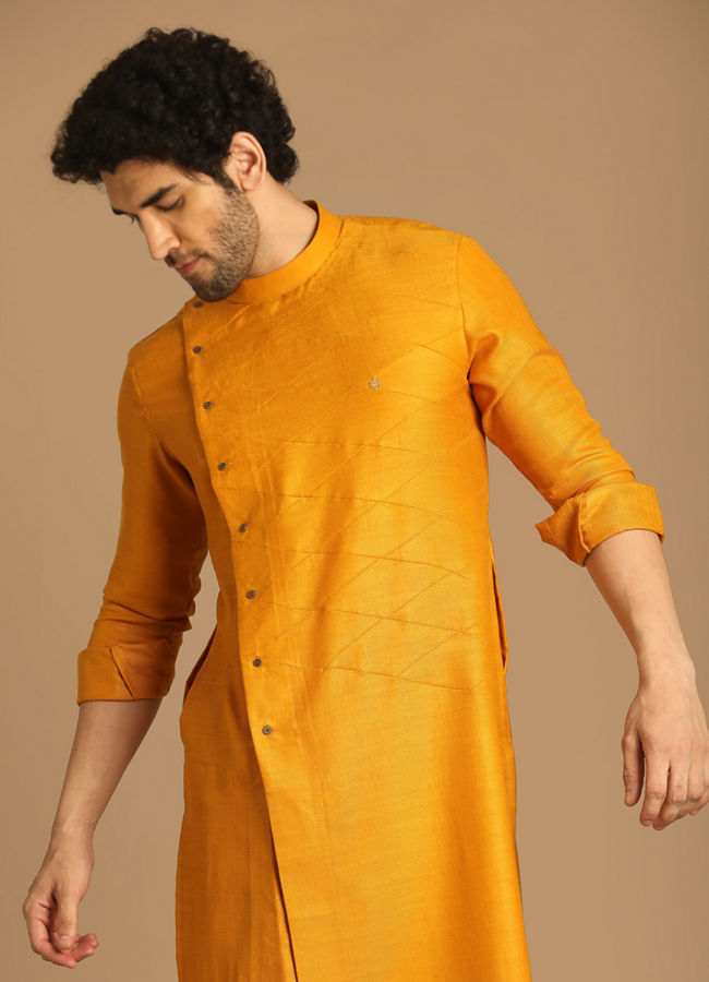 Manyawar Mustard Yellow Side Open Asymmetric Kurta - India shopping